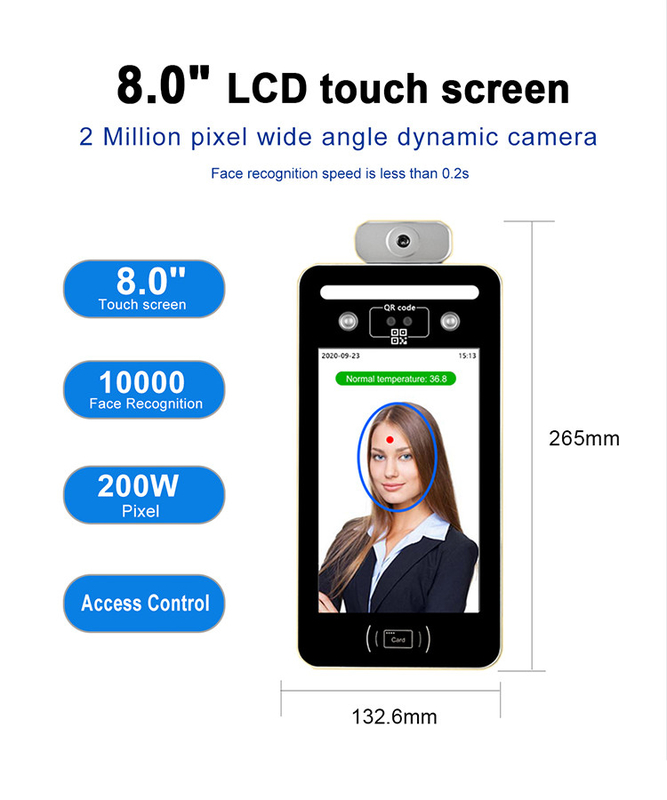 Gesichts-lesende biometrische Maschinen-Temperatur 512M DDR3 DC12V 2A 8inch LCD